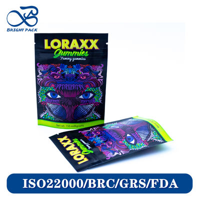 Żywe, drukowane torebki typu stand-up do pakowania żelków z możliwością dostosowania wzoru marki w wysokiej rozdzielczości.