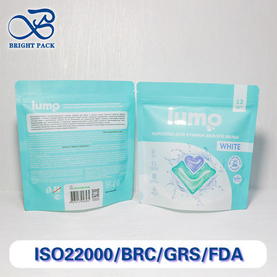 Dostosowane, drukowane torebki typu stand-up z zamykanym na suwak i barierą przed wilgocią do pakowania kapsułek do prania.