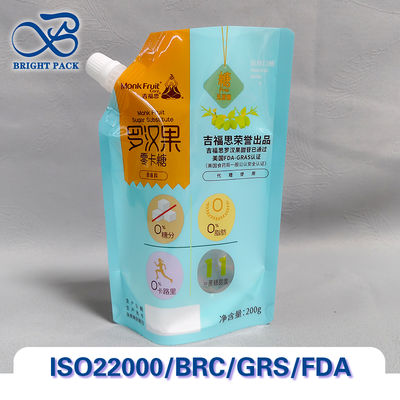 Zastosowalny worek z dyszą żywnościową nadający się do pakowania sosów, soków, jogurtów i płynnych produktów spożywczych.